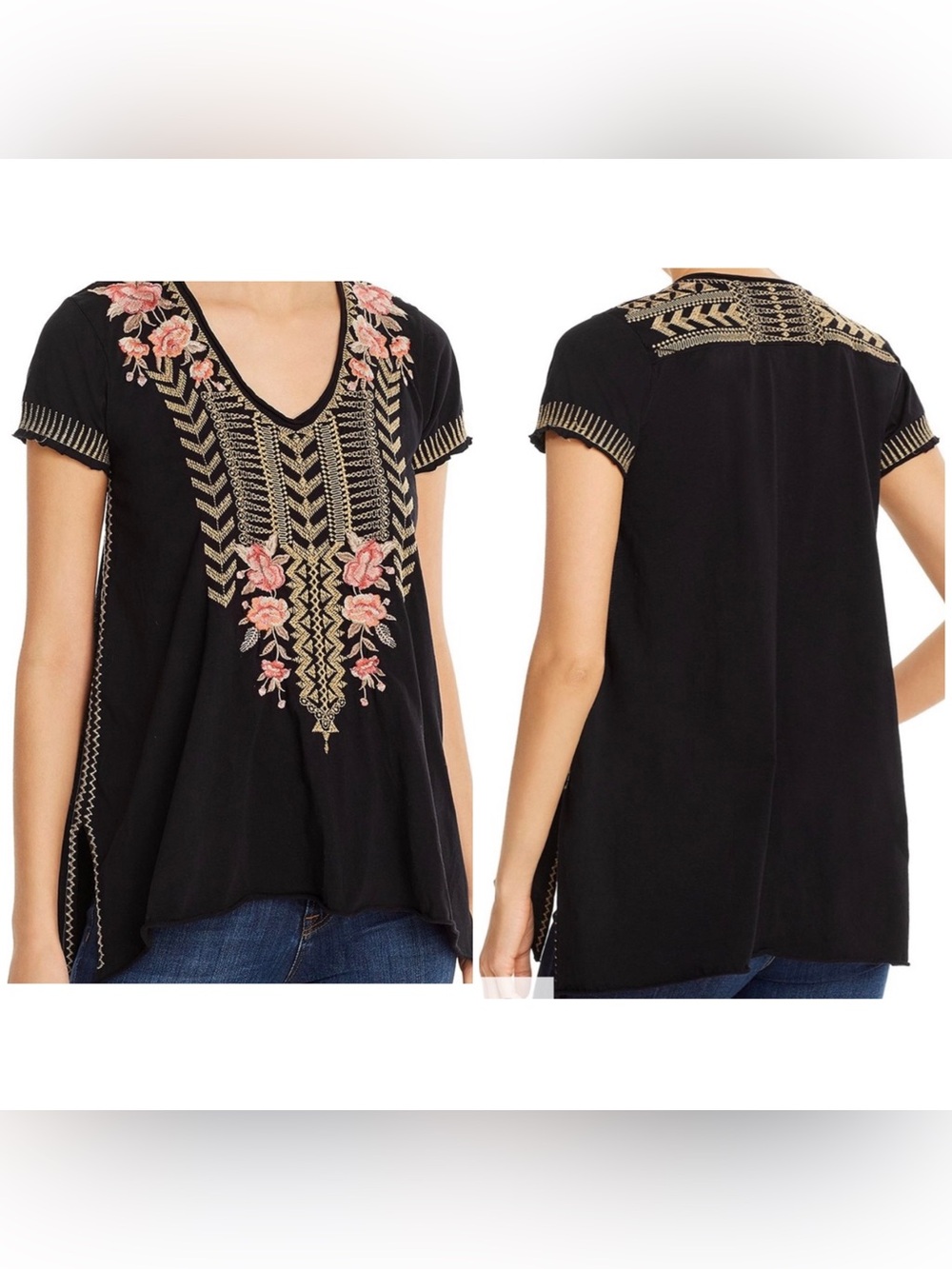 Johnny Was Rianne Knit Drape Top Short Sleeve Floral Embroidered Black Small